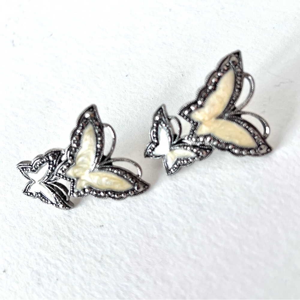 Vintage Butterfly Post Earrings Doubles Marcasite Cream Nature Jewelry